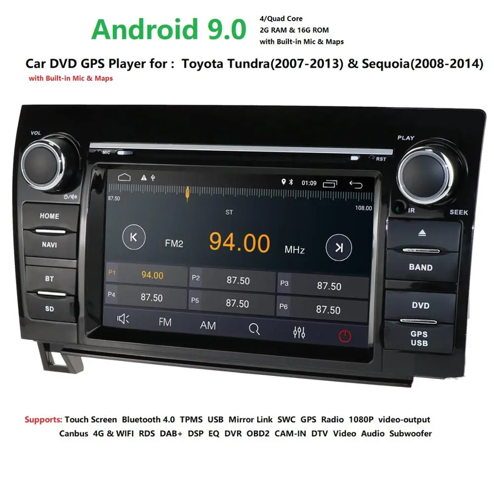 Cheap 7 Inch 2 Din HD 1024x600 Quad Core Android 9.0 Car DVD GPS For Toyota Tundra Sequoia 2008-2013 RDS DSP SWC Bluetooth WIFI 4G DAB 2