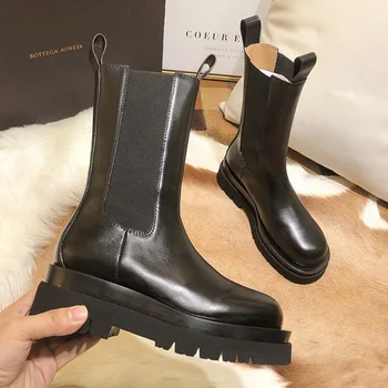 

Women British Style Middle Tube Boots PU Autumn Winter Chelsea Boot Fashion Platform Women's Shoes Black Plus Cotton Martin Shoe