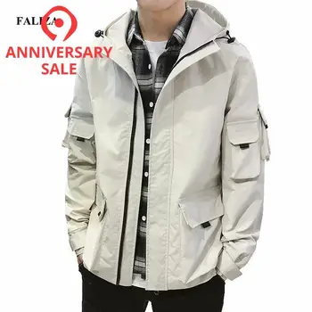 

FALIZA New Overalls Jacket Men Spring Autumn Hooded Jacket Fashion Mens Bomber Jackets Male Zipper Pocket Baseball Coats J101