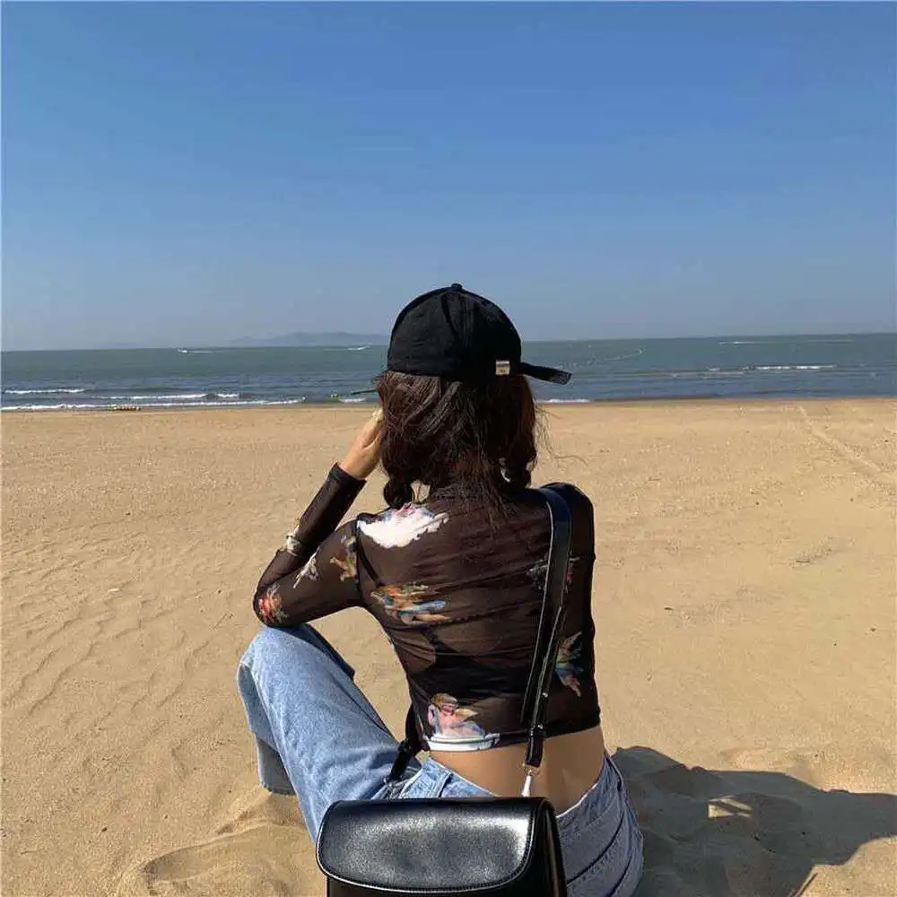 Floral Print Sheer Blue Black Mesh Long Sleeve Blouse Shirts Women Spring Summer Pullovers Elegant Sexy See Through Tops 6