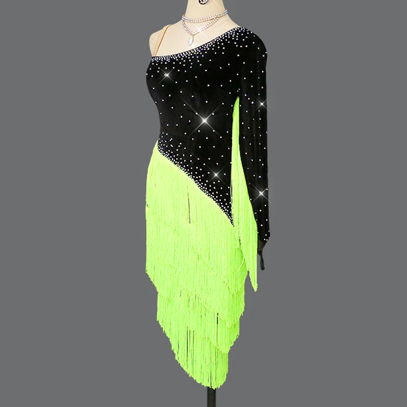 Latin Dance Dress New Fluorescent Green Tassels Autumn Dress Women Dance Competition Costume Rhinestones Dresses