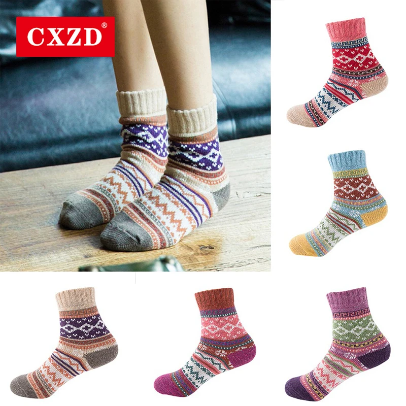 

CXZD Winter Socks Lady Retro Winter Soft Warm Thick Cold Knit Wool Crew Socks Geometric Print Comfort