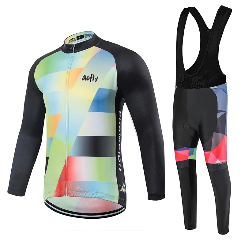 Aofly Jersey Pro Team Ropa Ciclismo Hombre набор для триатлона, велосипедная одежда для горного велосипеда, комплект с нагрудником красного и синего цвета, Лидер продаж, длинный рукав - Цвет: Thin long suit