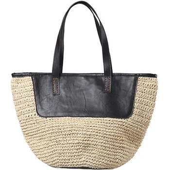 

Straw Tote Handbags For Women Beach Bags Woven Straw Purses Shoulder Bags For Girls Summer Outfits, Khaki And Black