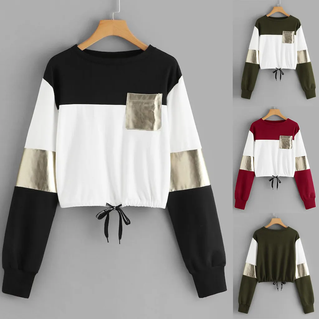 JAYCOSIN Fashion Women Casual O-Neck Sweatshirt Long Sleeve Bandage Patchwork Pocket Unique Elegant Comfortable Soft Chic Blouse