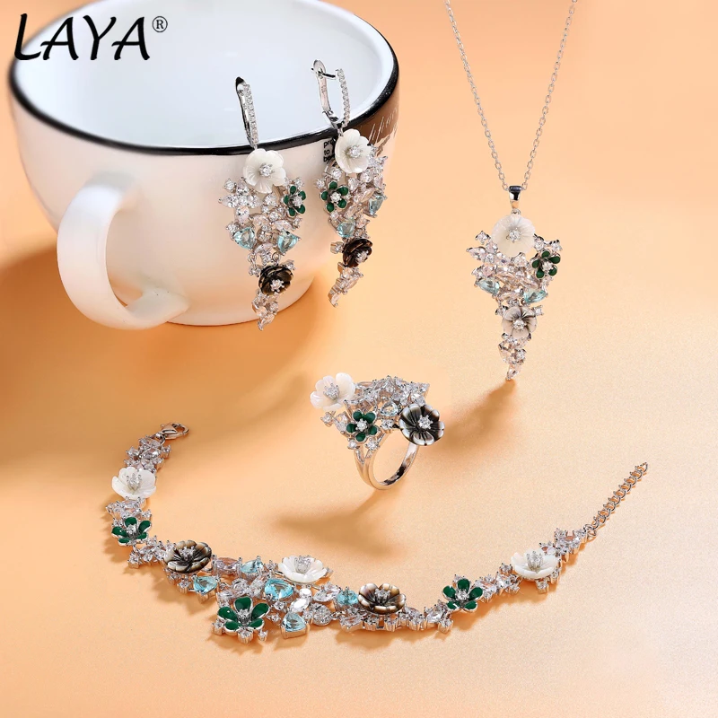 Laya argento Sterling 925 zircone di alta qualità conchiglia naturale fiore orecchini pendenti anello collana set di braccialetti per gioielli da donna