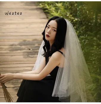 

2-layer silver mesh Wedding Veil Women Tulle Fingertip Short Handmade Flower Geometric Thin Sheer Bridal Veil TS078