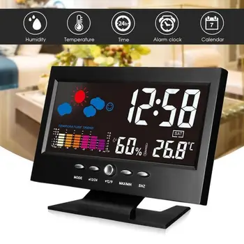 

Digital LED Alarm Clock Temperature Humidity Monitor Desktop Weather Station Table Wake Up Snooze Time Date Clocks Voice Control