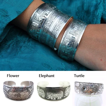 빈티지 민족 스타일 와이드 Bangles 남성 여성 코끼리 거북이 꽃 새겨진 팔목 팔찌 레트로 고대 실버 도금 팔찌