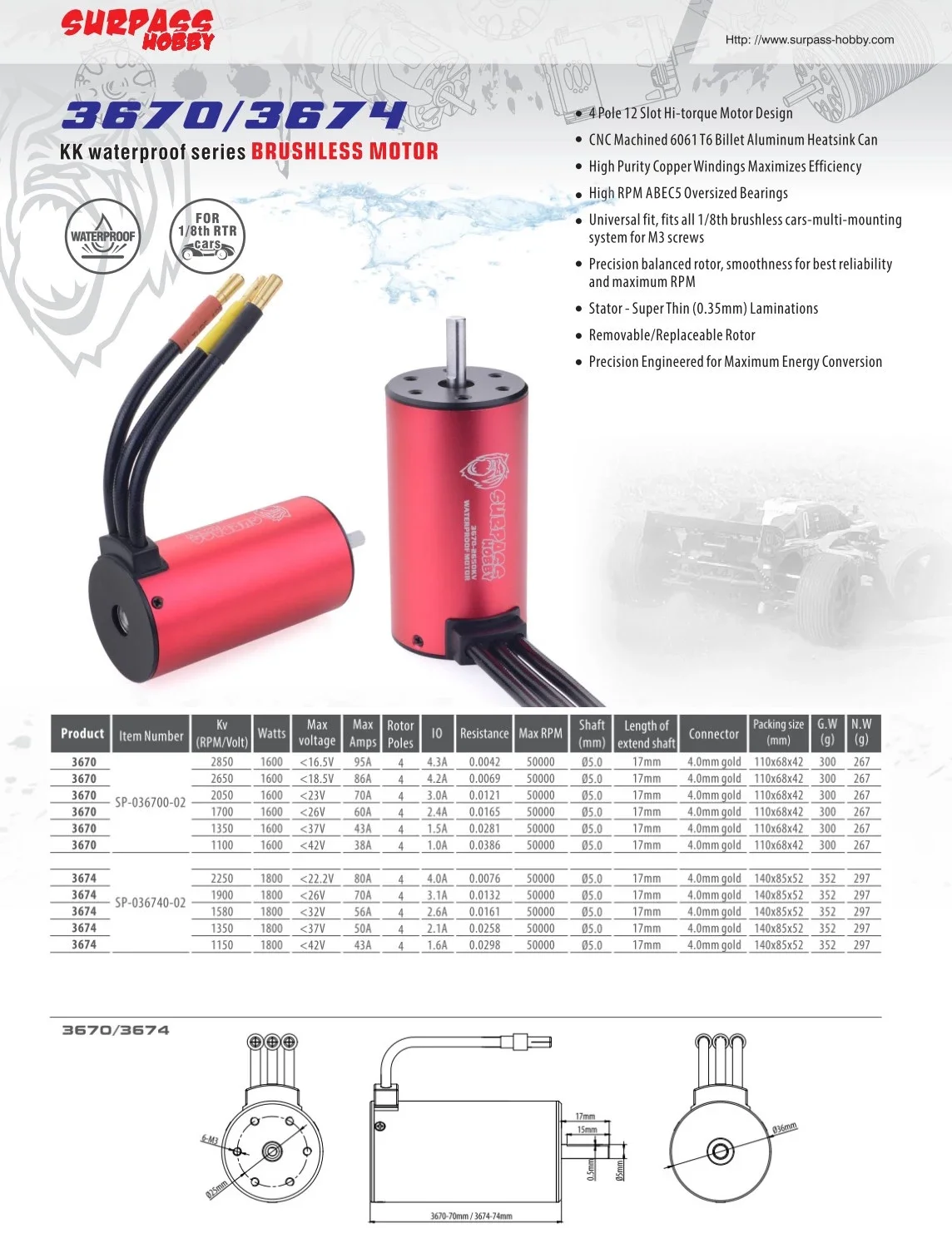 Waterproof brushless rc motor 3674 +esc 120a potente para carro eltrico for big rc cars 1:8 brushless dc motor with shaft