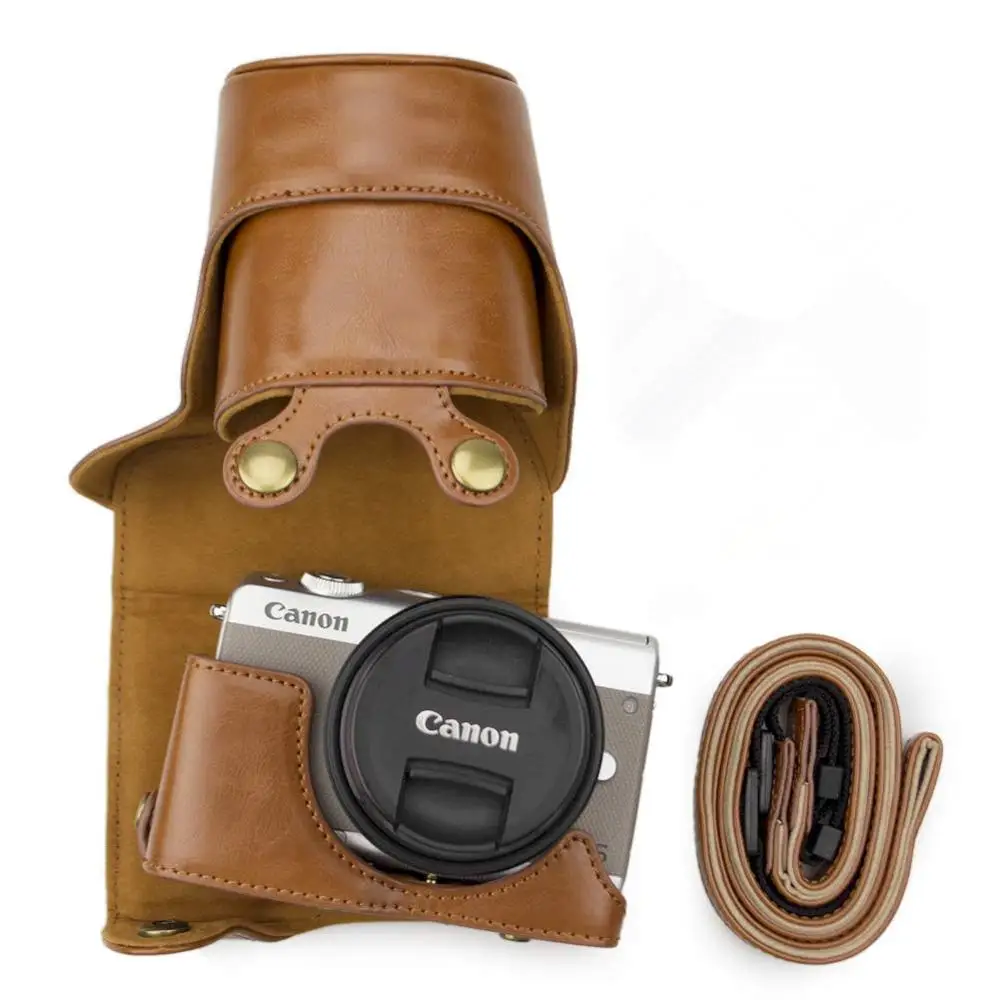 PU Leather Retro Camera Case Shoulder Bag Hard Bags For Canon EOS M200 M100 M10 camera with 15