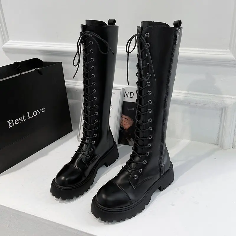 

Women Combat Boots Antumn 2020 Female High Platform Gothic Shoes Black Leather Boots Lace up Women Knee High Boots