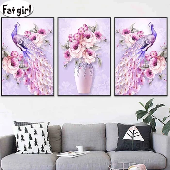 

3 pieces Pink peafowl and flower 5D diamond painting cross stitch full square round drill diy embroidery mosaic Rhinestone kits