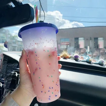 

5pcs Thermochromic Cup Color Changing Confetti Reusable Plastic Tumbler with Lid Straw Cup DiscolorationTumbler Water Bottle