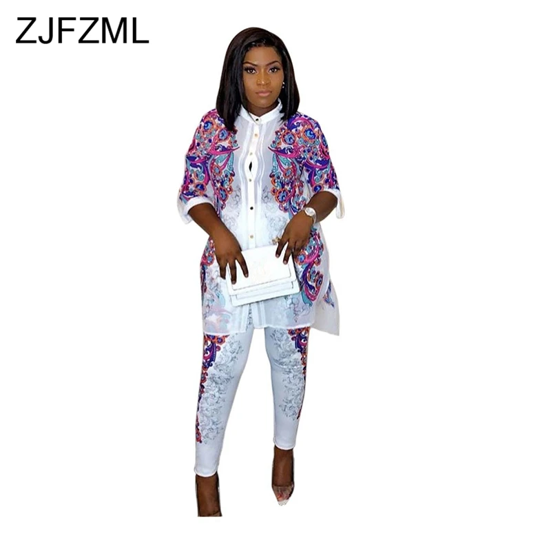 

Colorful Print Sexy Two Piece Tracksuit For Women Three Quarter Sleeve Single-Breasted Long Shirt + Bodycon Pants Vintage Outfit
