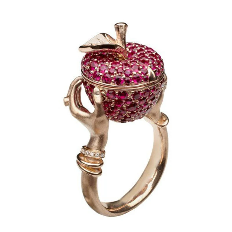 Creative Punk Style Rose Gold Apple Full Zircone Anelli Per Donna Uomo Secret Small Room Coffin Ring Cocktail Boho Jewelry Gift