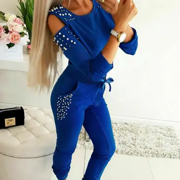 

New Women's Jogger Casual Tracksuit Could Shoulder Long Sleeve Sweatshirt Tops + Pants Pearls Rivet 2Pcs Sets Sport Wear USA