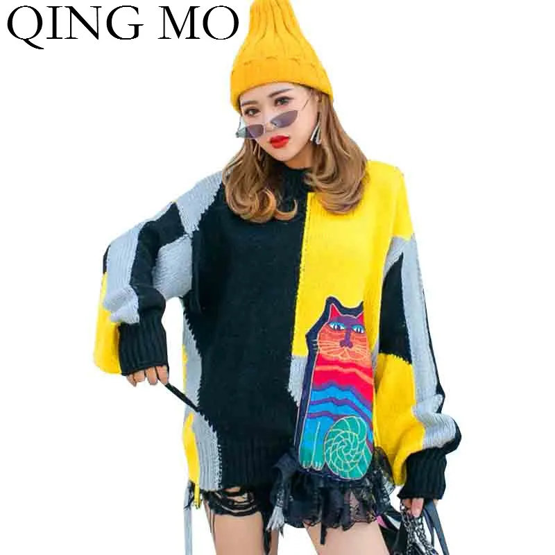 QIN GMO Casual Women Pullovers Sweater 2021 Spring Autumn Cat Appliques Female Patchwork Color ZQY5231 | Женская одежда