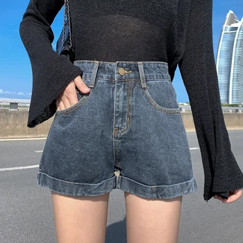 

Women Summer New High-waisted Denim Shorts Female Korean Version Of The Double Buckle Loose Wide Leg Hot Shorts Slim fit washed