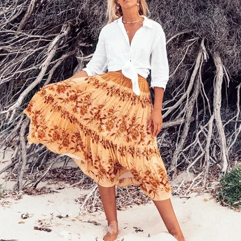 

GypsyLady Floral Print Skirts 2020 Spring Summer Womens Elastic Waist Tassel Tied Boho Long Beach Skirt Hippie Chic Faldas Saia