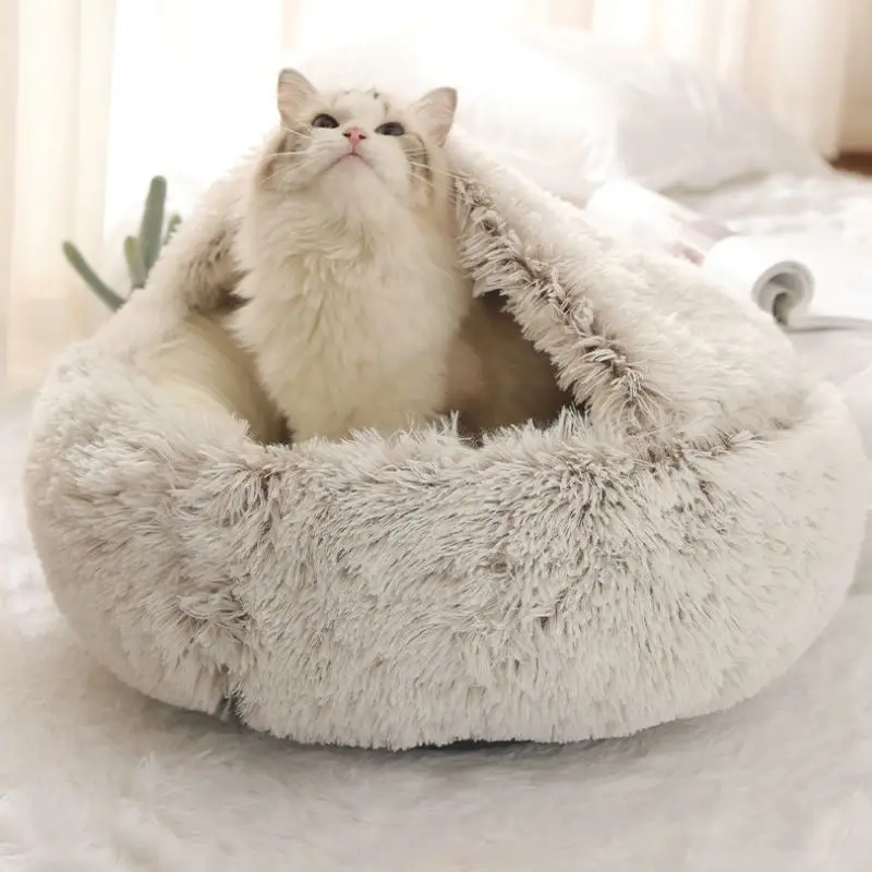Cama para gato 2 en 1 de invierno, cama para mascota cálida redonda, larga, cama de peluche para perro, saco de dormir cálido, sofá, cojín, nido para perros pequeños, gatos y gatitos