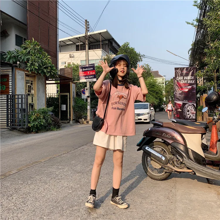 Retro Pattern Printing Contrast T Shirt Women Pink Blue Orange T Shirt Tops