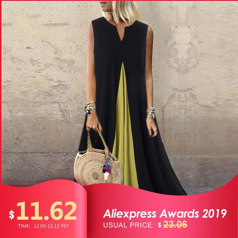 Cena S 5XL moda zanzea Pacthwork Sundress 2019 lato bez rękawów Party Vestidos kobiety trwała bawełna długa sukienka Femme suknia tunika