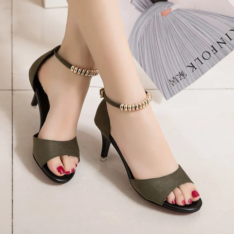 

New Style Sandals Women's Korean-style Dull Polish Peep-Toe Straight-line Buckle Thin Heeled Semi-high Heeled Low-Cut Versitile