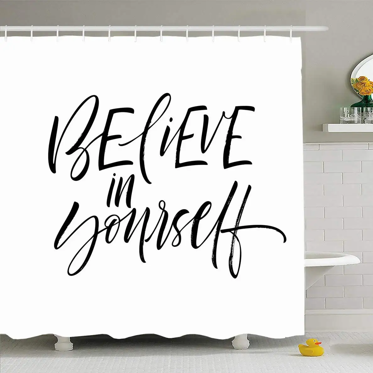 

Shower Curtain 72x78 Inches Believe Motivation Yourself Phrase Motivational Ink Fitness Abstract Brush Artistic Black Cool
