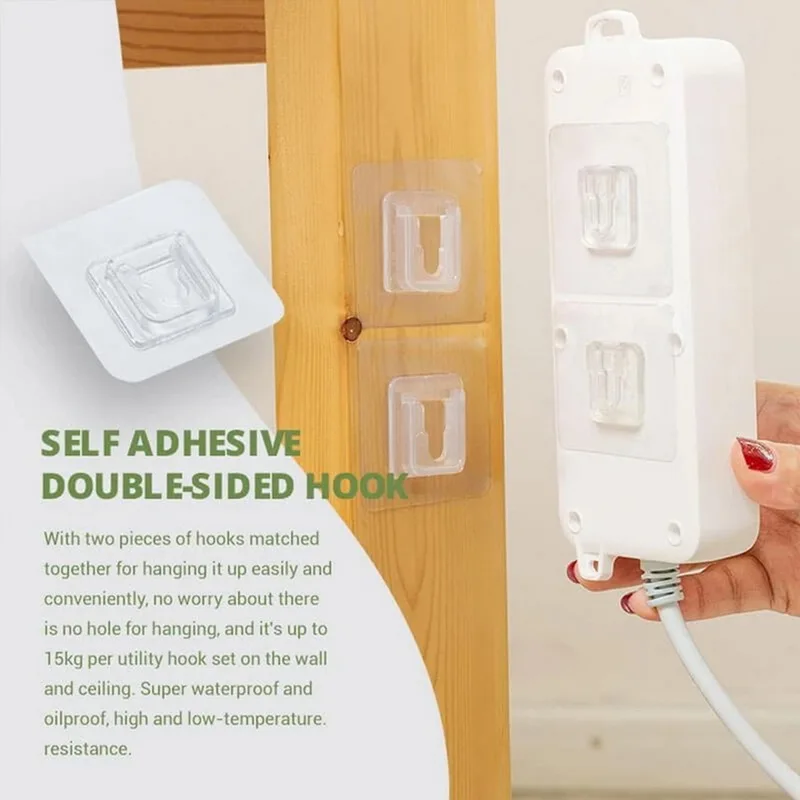 

1 Pair Double Sided Wall Adhesive Hook Paste Plug Socket Holder Cable Storage Plug Fixing Organize Seamles Waterproof Reusable