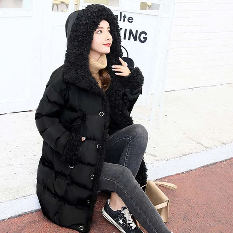 Женская куртка мех ягненка, модная женская хлопковая куртка, пальто, новое теплое пальто с капюшоном, высокое качество, Женская хлопковая куртка KO204