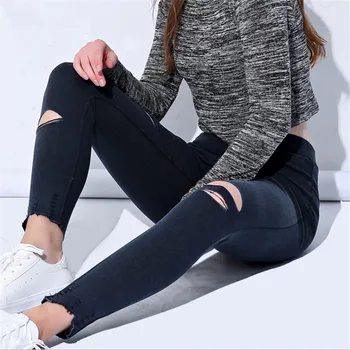 

Women Jeans Black Stretch Plus Size 5XL New Destroyed Knee Pencil Pants Denim Pants Slim Ripped Jeans Casual Trousers ouc2603