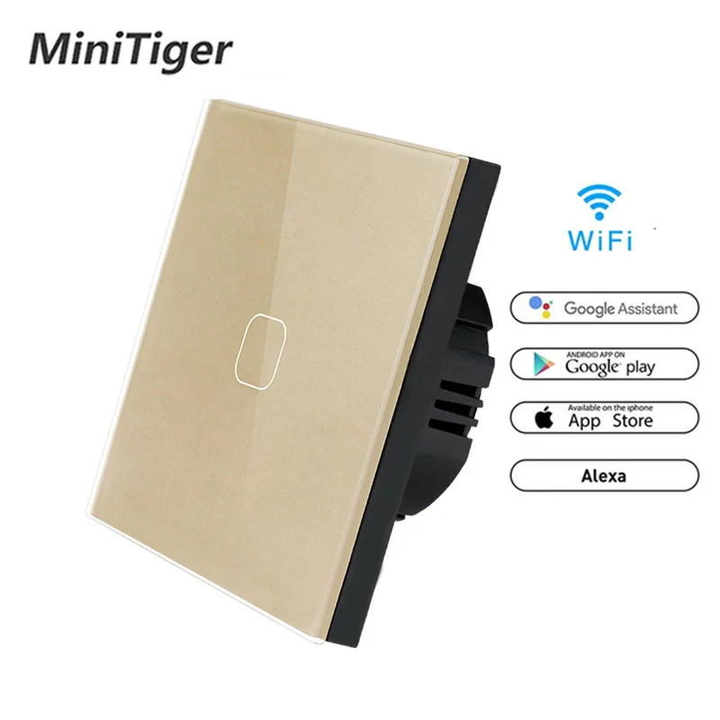 WiFi Gold 1gang Minitiger ЕС/Великобритания wifi умный сенсорный переключатель приложение беспроводной дистанционный светильник настенный выключатель Хрустальная стеклянная панель работает с Alexa/Google Home - Цвет: WiFi Gold 1gang