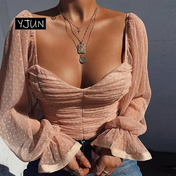 

Sexy Polka Dots Crop Tops Women Low Cut Backless See Through Short Chiffon Mesh T Shirt Female Club Party Elegant Tees