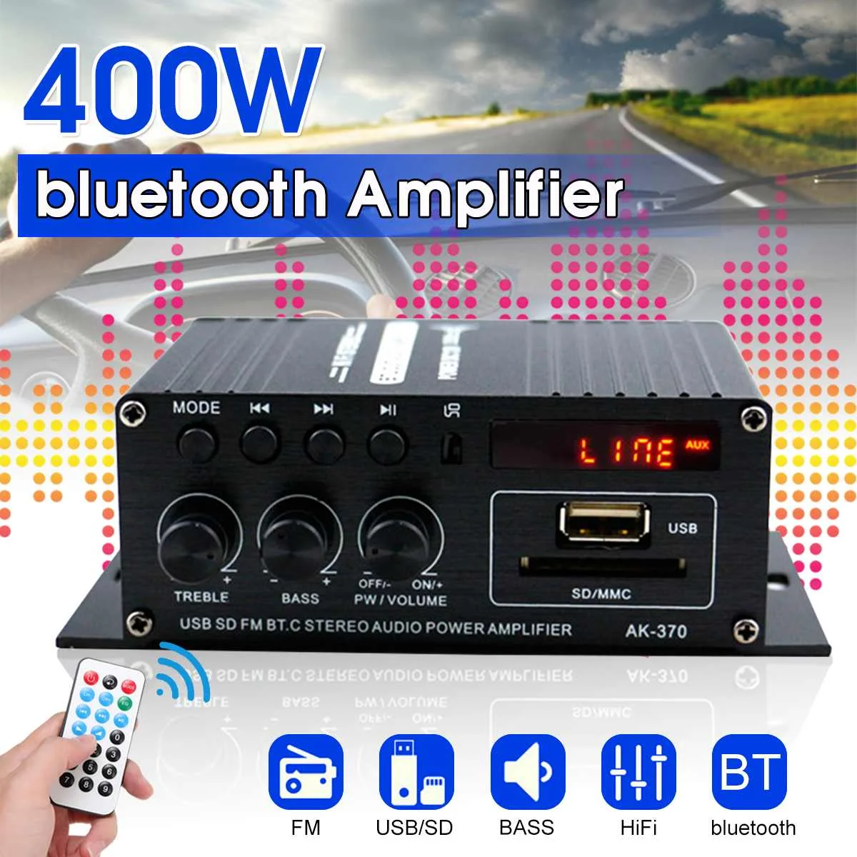 2 Channel Bluetooth 800W Power Amplifier AK380/AK370/AK170 Audio Karaoke Home Theater Amplifier Class D Amplifier USB SD AUX
