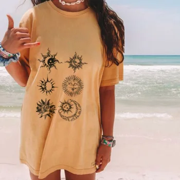 

New Short-sleeved Women's Tshirt Loose Thin Oversized Star Moon Printed Clothes Korean Harajuku T Shirt Hip Hop Yellow Top 3XL