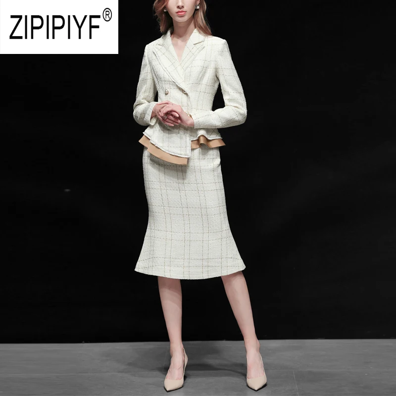 

Euro Style Simple Design Women Sets Plaid Pattern Long Sleeve Double-breasted Ruffles Blazers Top Wrap Fishtail Skirts Z2400