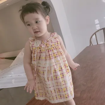 

in stock kids girls clothes for summer sleeveless Yellow plaid print dress baby girls clothes cotton lovely girl dress