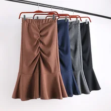 Черная, хаки, серая, синяя, эластичная, высокая талия, рыбий хвост, гофрированная Зимняя юбка для женщин, винтажные женские юбки, saia saias