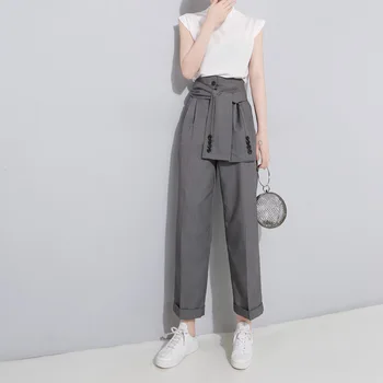 

2020 woman dress Look thin, high waist, knotted button design, nine-point pants, versatile casual pants Loose pants bts