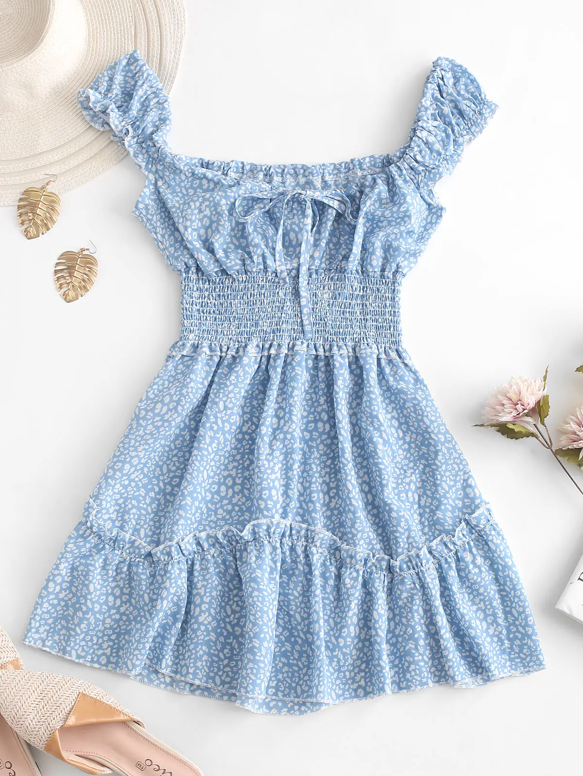 

ZAFUL Smocked Printed Drawstring A Line Dress
