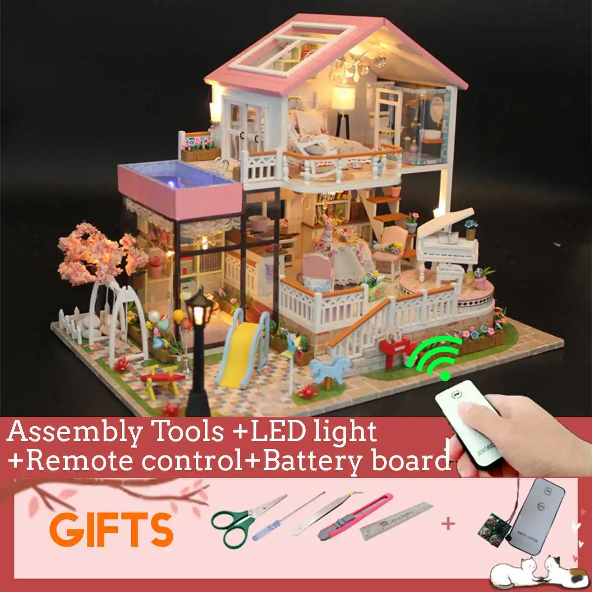Bricolage maison de poupée meubles avec LED lumières Miniature 3D en bois Miniaturas maison Casa maison de poupée jouets pour enfants cadeaux d'anniversaire