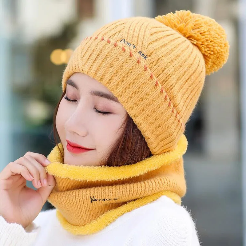 Новые модные женские зимние шапки и комплекты теплый шарф из толстой шерсти вязаный меховой шарф высококачественные шапки с помпонами Дамская шапка