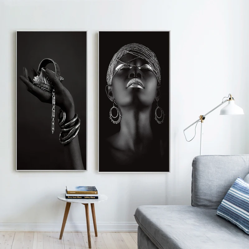 African Woman Posters and Prints Wall Art Black Hands Holding Silver Jewelry Canvas Painting Wall Pictures For Living Room Decor