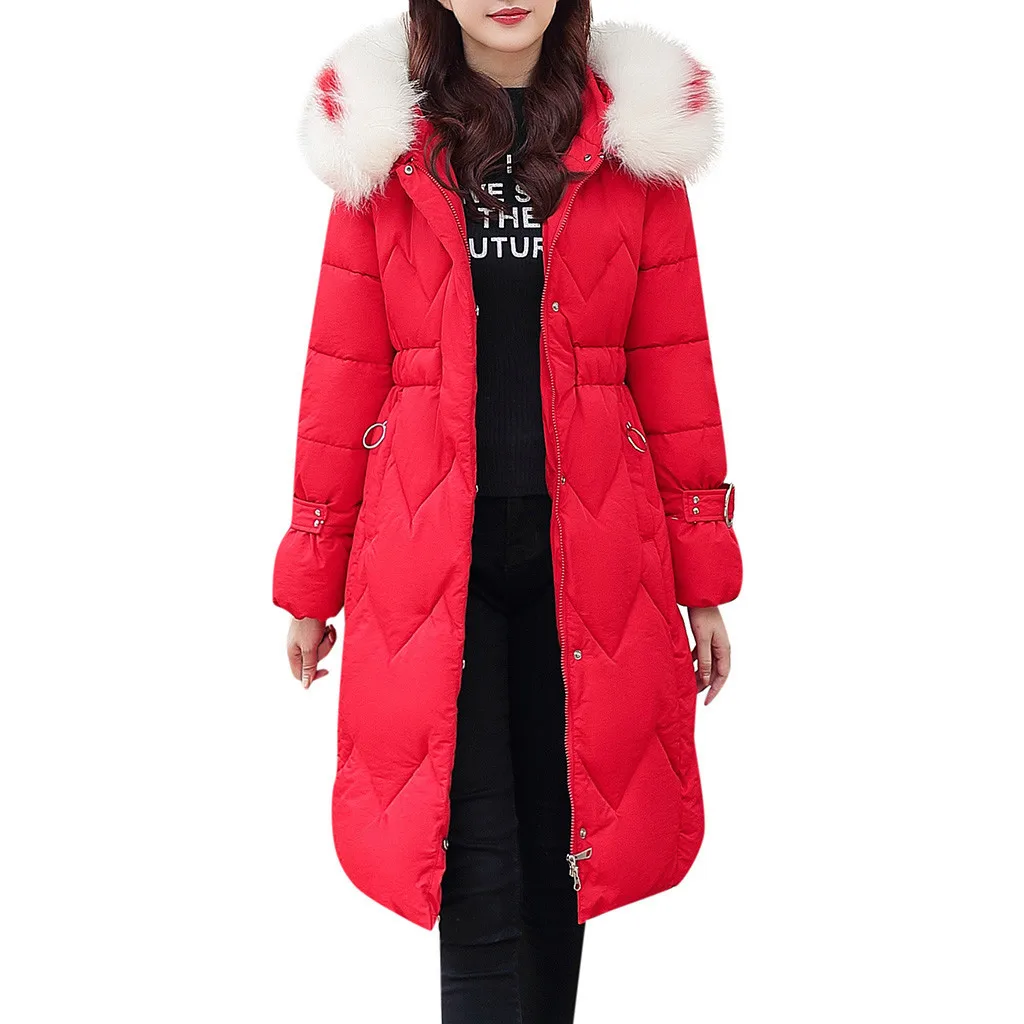 Женская зимняя куртка, искусственный большой меховой воротник, Женская куртка, тонкая длинная куртка с хлопковой подкладкой, зимнее пальто, парка# G30 - Цвет: Red