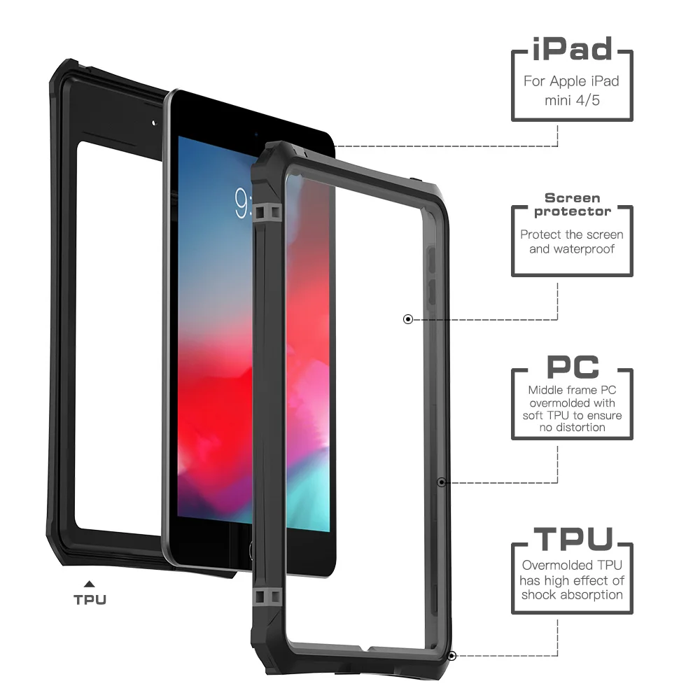 For iPad Mini 4 5 2019 Waterproof Tablet Case Shockproof DustProof Tablet Cover with Adjustable Sta