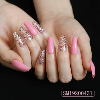 

24pcs/box Pink Long Ballet Fake Nails Silver Nail Glitter Decoration Nail Extension Oily UV Sweet Dutch Glue Wear Nail Art