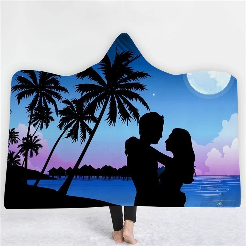 

Lover Sky Printed Winter Hooded Blanket Fleece Fabric Thick Wearable Throw Blankets With Hat Office Rest Blankets Valentine Gift