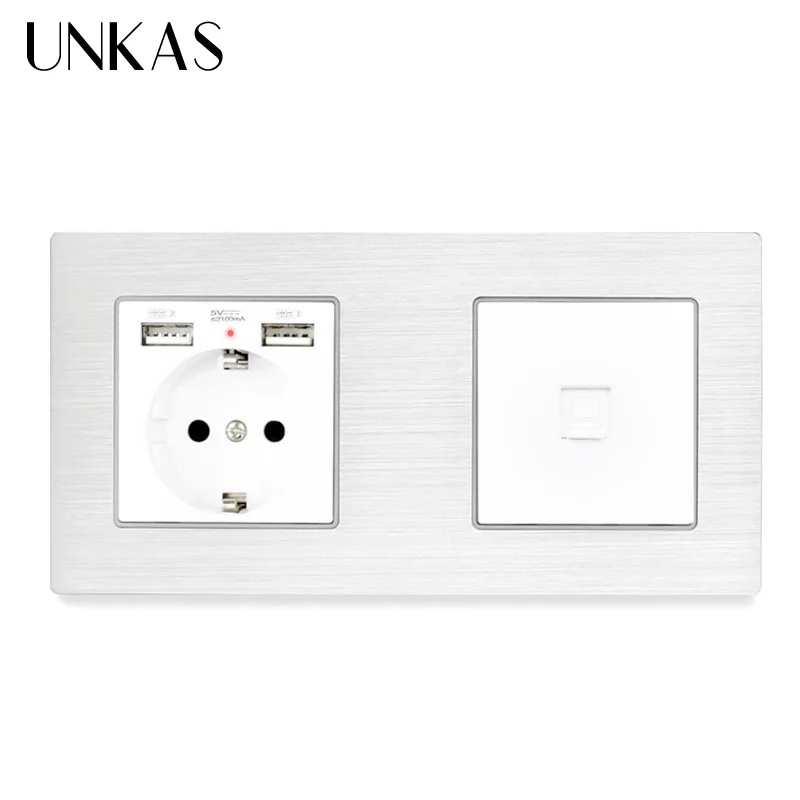 Панельная розетка UNKAS европейского стандарта с двойным USB разъемом + 1 коннектор