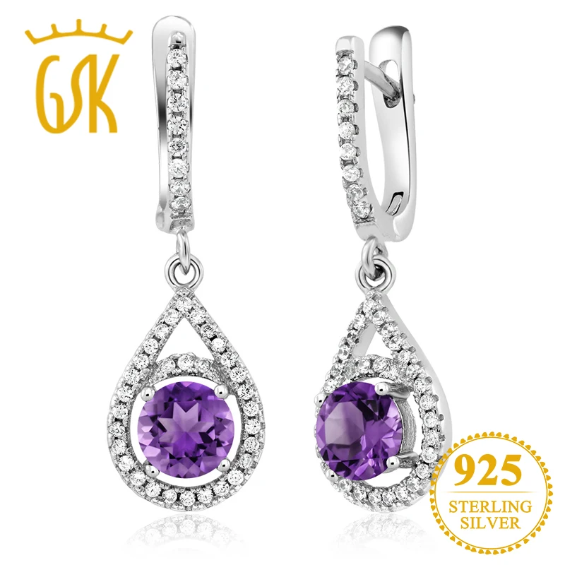 GemStoneKing 2,00 карат круглые серьги с натуральным фиолетовым аметистом 925 пробы серебряные классические Висячие серьги для женщин хорошее ювелирное изделие
